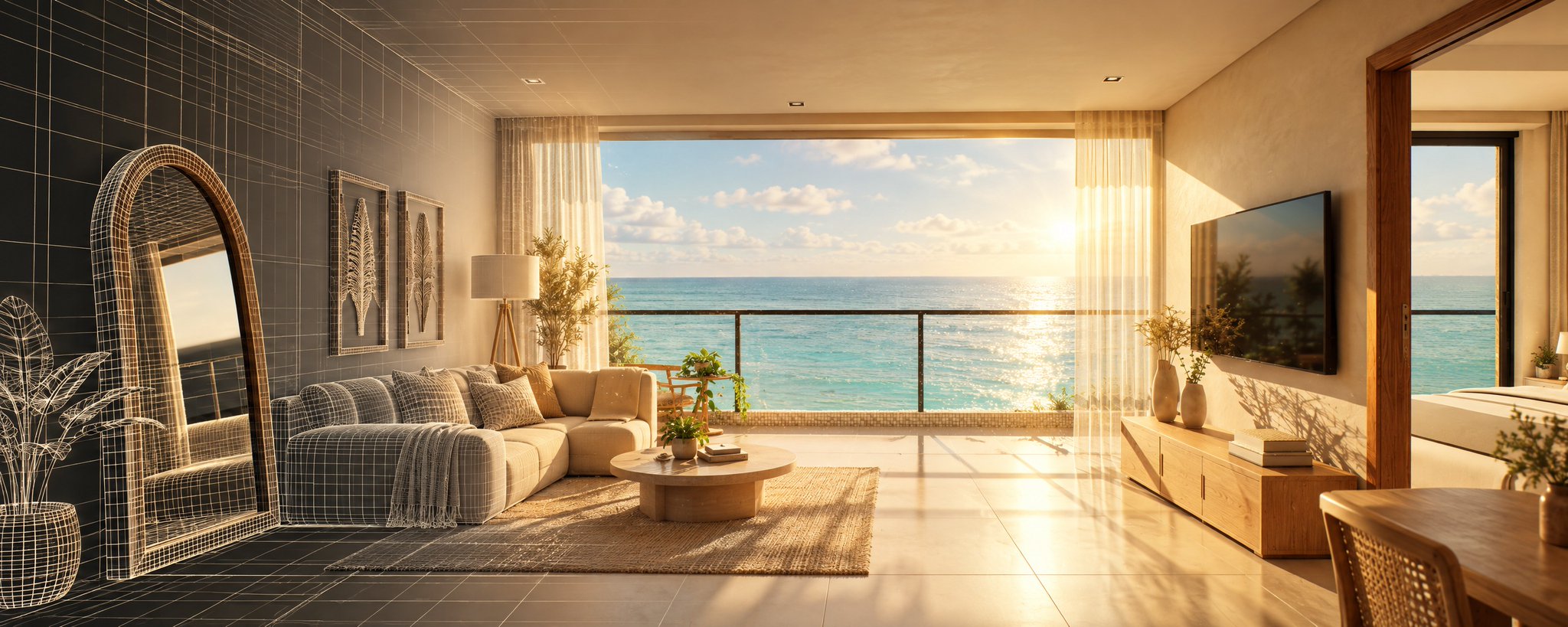 A living room with an ocean view, left half as a 3D wireframe, right half as the finished realistic image