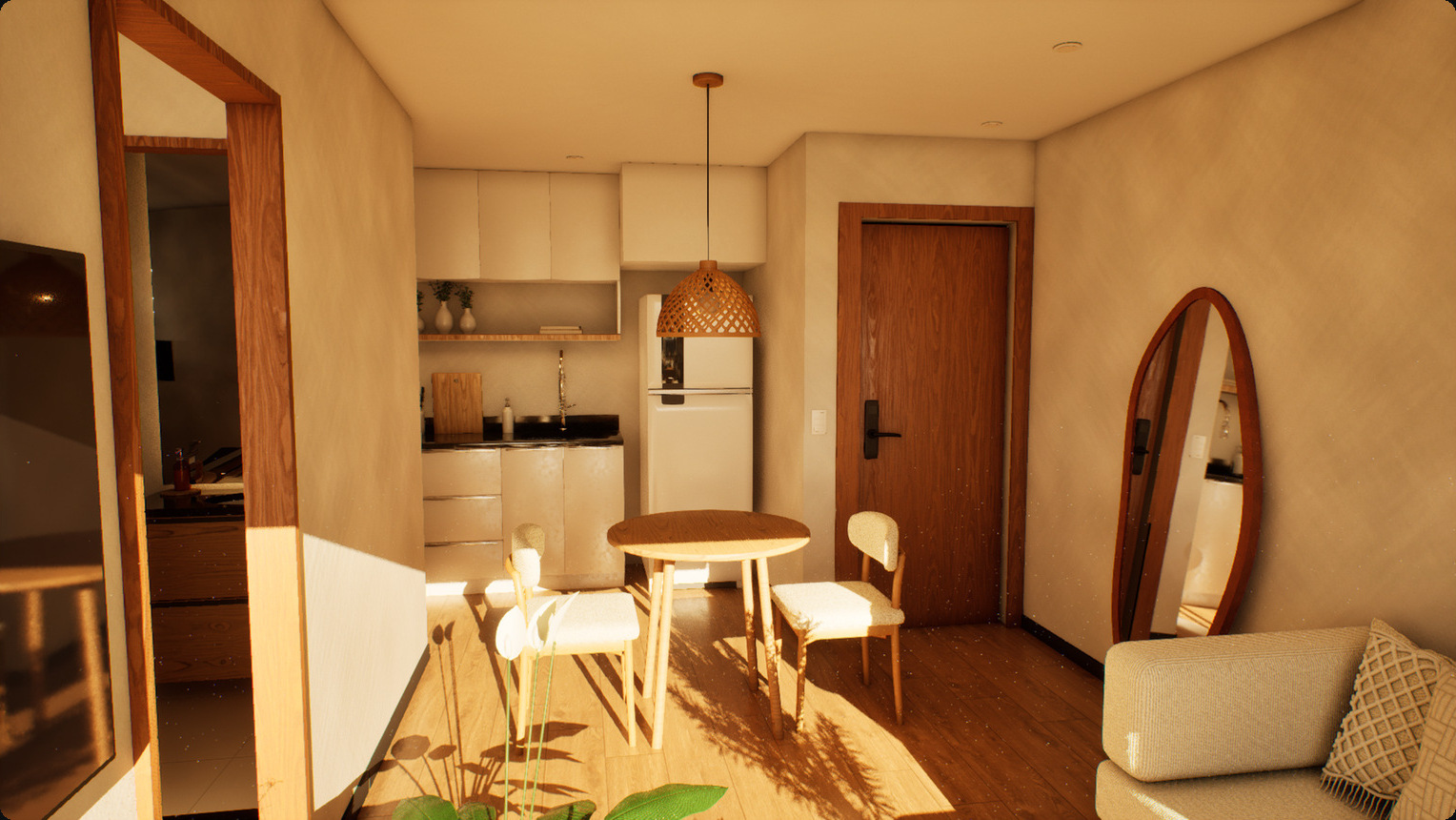 The same living area furnished, with warm sunlight, shadows and plants