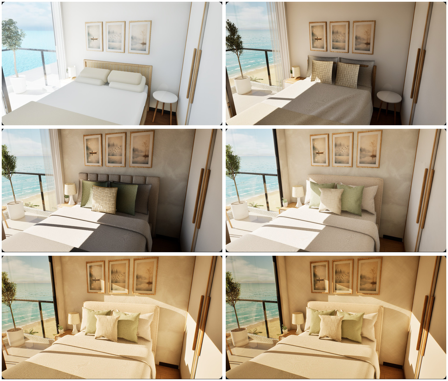A bedroom in six furnishing and lighting versions