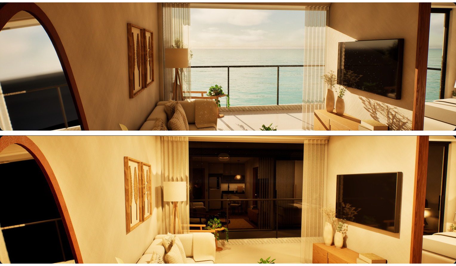 The same living room in the morning and at night with the lamps on
