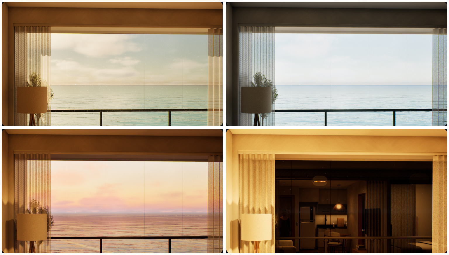 The ocean view in the morning, afternoon, at sunset and at night